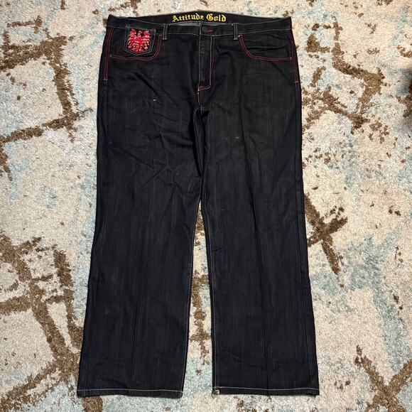 Attitude Gold Baggy Wide Leg Eagle Embroidered Jeans Size 48x33 Y2K - Picture 2 of 10